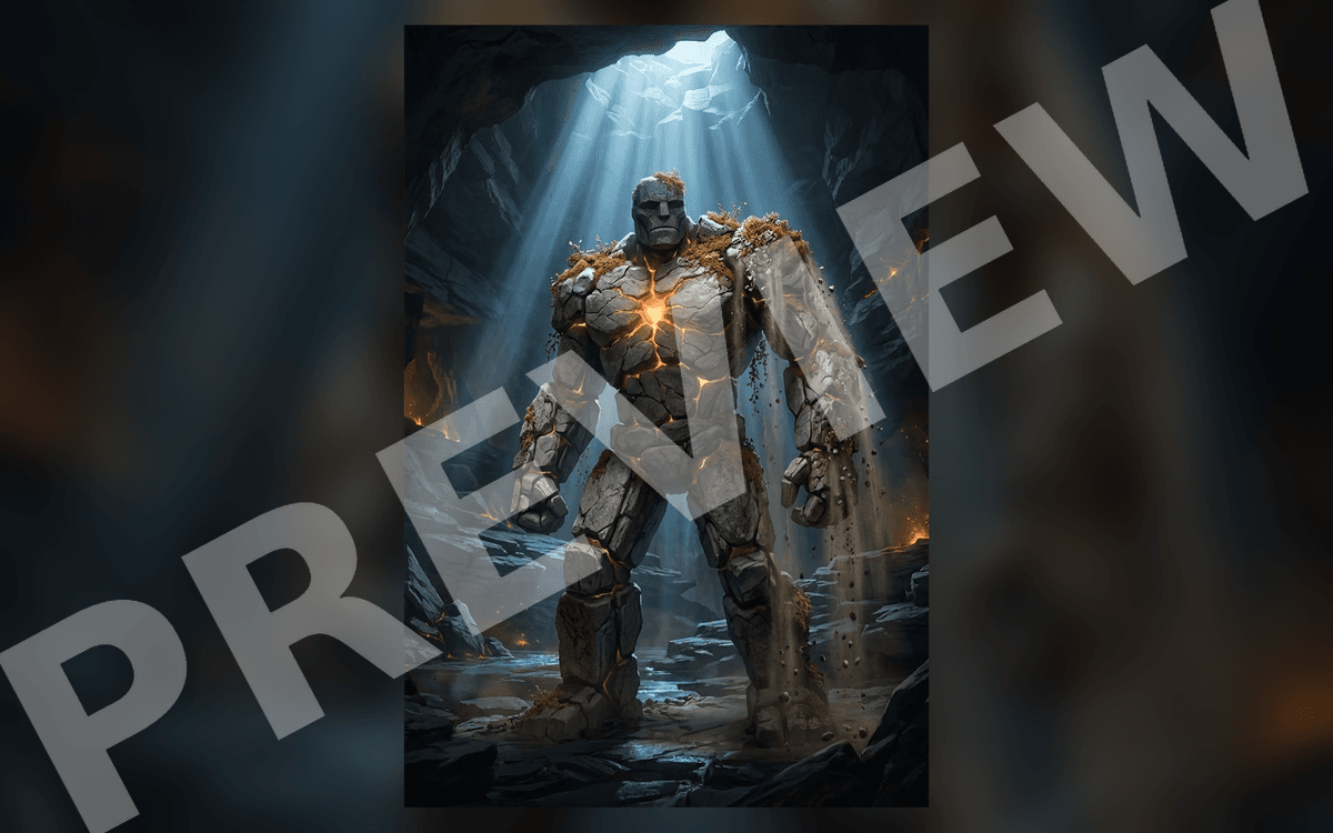 Cinematic concept art poster of a glowing lava-armored golem standing in a dark cave with beams of light