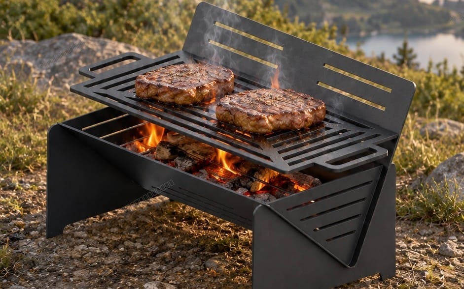 Portable steel grill design preview with steaks over open flame, product files SolidWorks DXF STEP drawings and guide