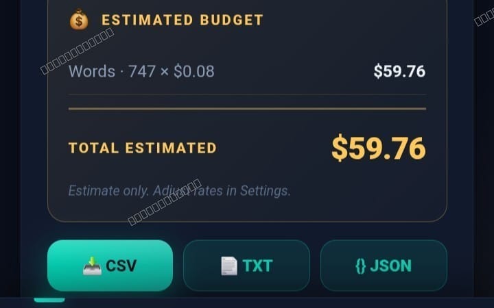 World Counter Pro app screenshot showing estimated budget totals and CSV TXT JSON export buttons