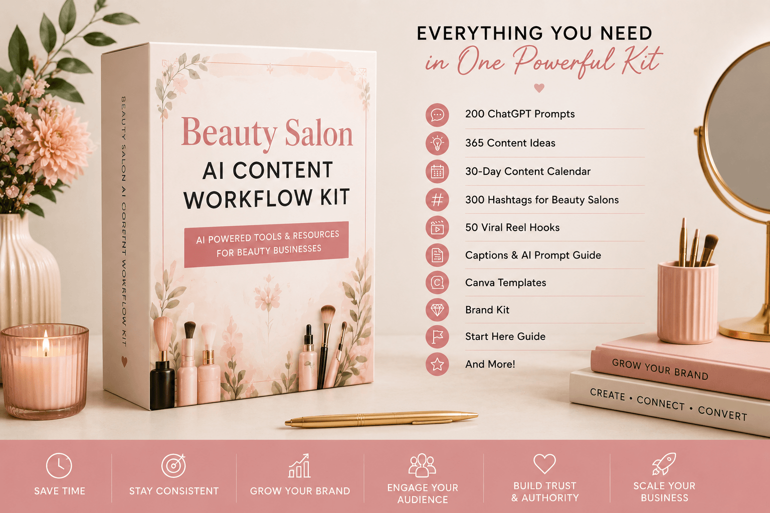 Preview image of Beauty Salon AI Content Workflow Kit | 200 ChatGPT Prompts, 365 Content Ideas, 30-Day Calendar, Captions, Hashtags & Canva Templates