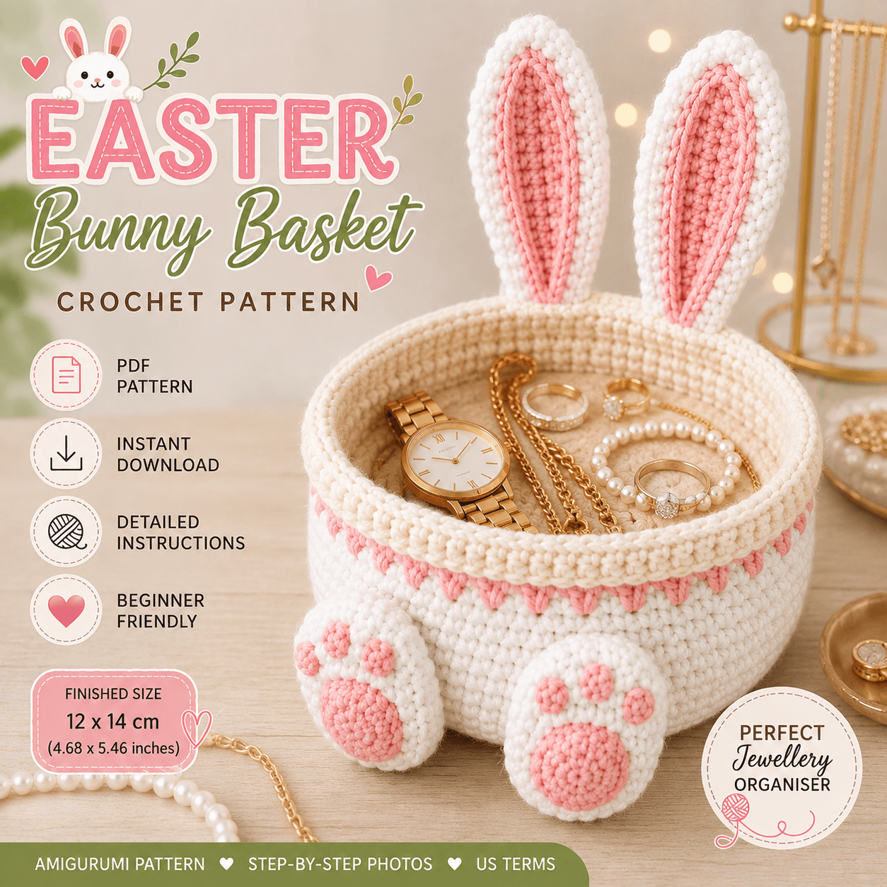 Preview image of Bunny Basket Crochet Pattern PDF | Wallet Tray Crochet Pattern | Jewelry Organizer | Perfume Holder | Easter Bunny Basket, Amigurumi Pattern