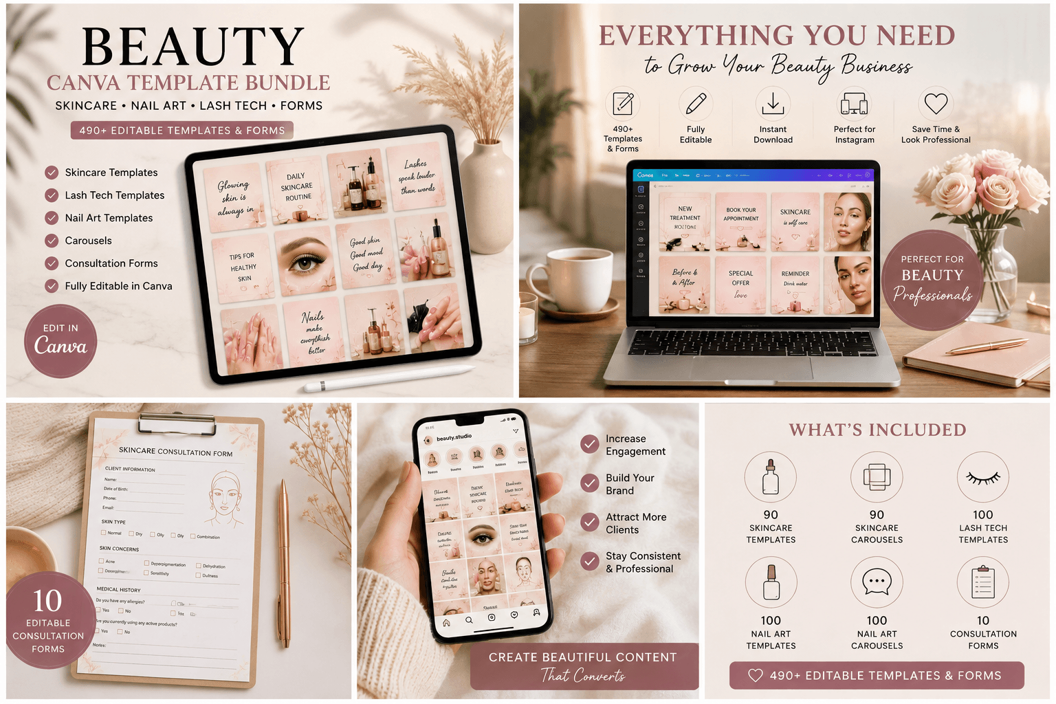 Preview image of Beauty Canva Templates | Skincare Instagram Templates | Nail & Lash Tech Templates | Carousel Bundle