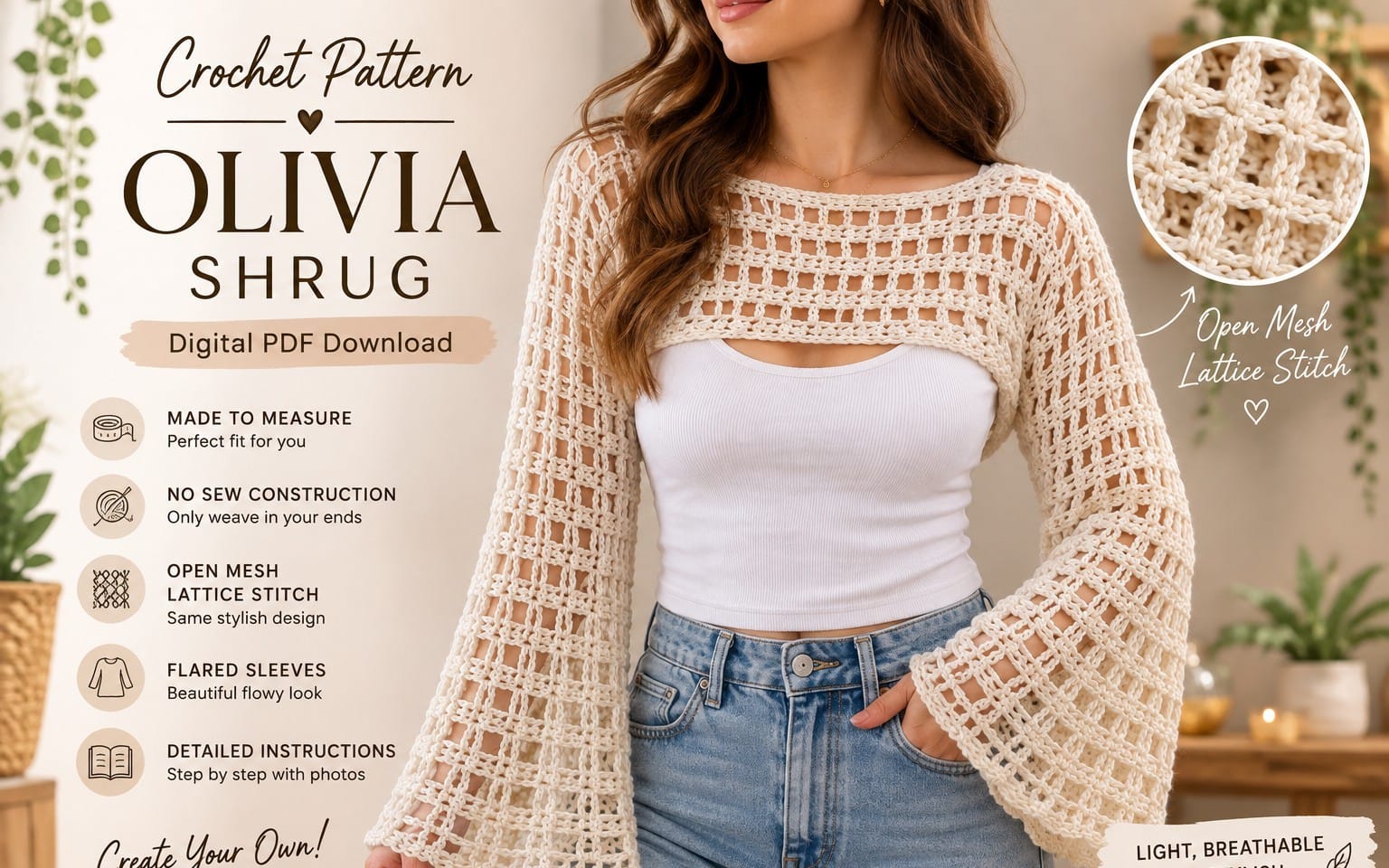 Olivia Crochet Shrug PDF Pattern | Made to Measure Flared Sleeve Cardigan | No Sew Crochet Bolero Pattern | Digital Download