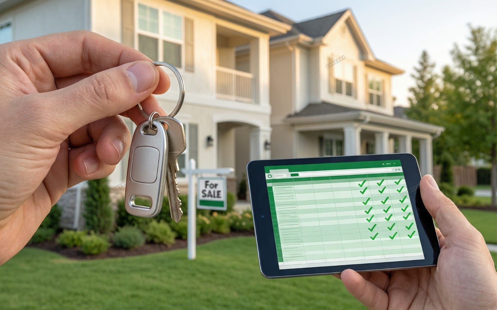 Hands holding house keys with a tablet showing a green checklist for real estate investment cash flow analysis Excel
