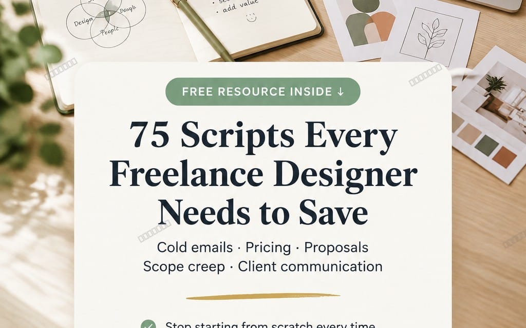 Promotional cover for freelance designer business toolkit with headline 75 scripts and desk workspace background