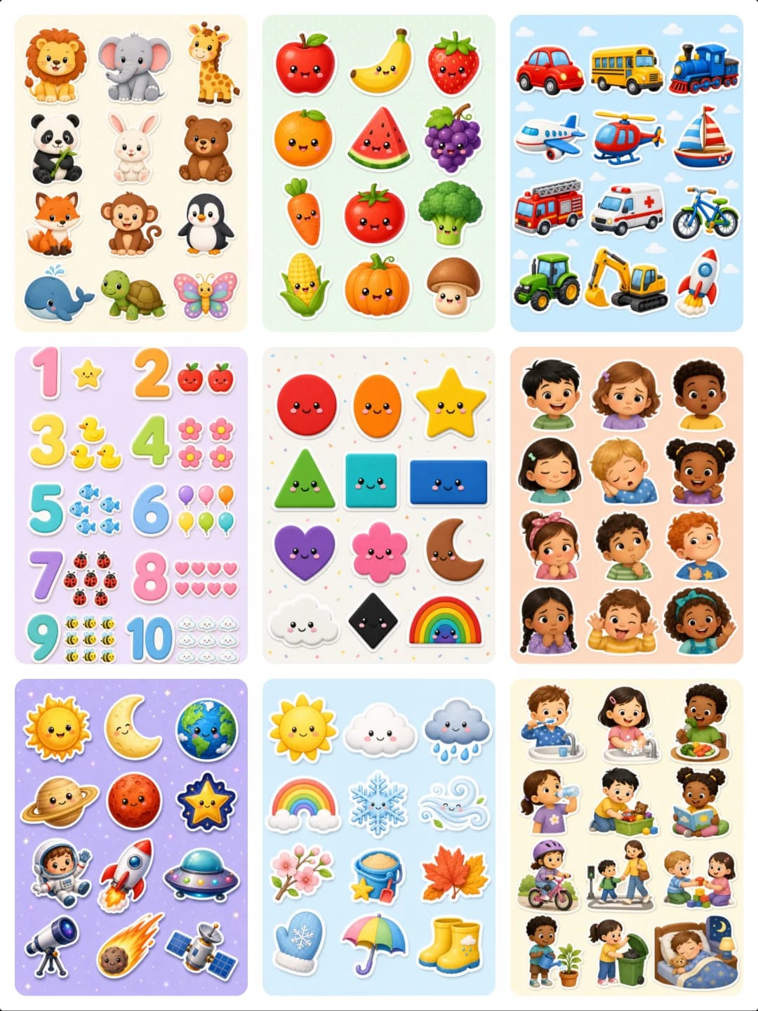 Preview image of Kids Ultimate Learning Stickers Bundle | 10-Page Printable PDF (Animals, Fruits, Numbers, Shapes & More)
Kinder Ultimatives Lernaufkleber-Set | 10-seitiges druckbares PDF (Tiere, Früchte, Zahlen, Formen & Mehr)