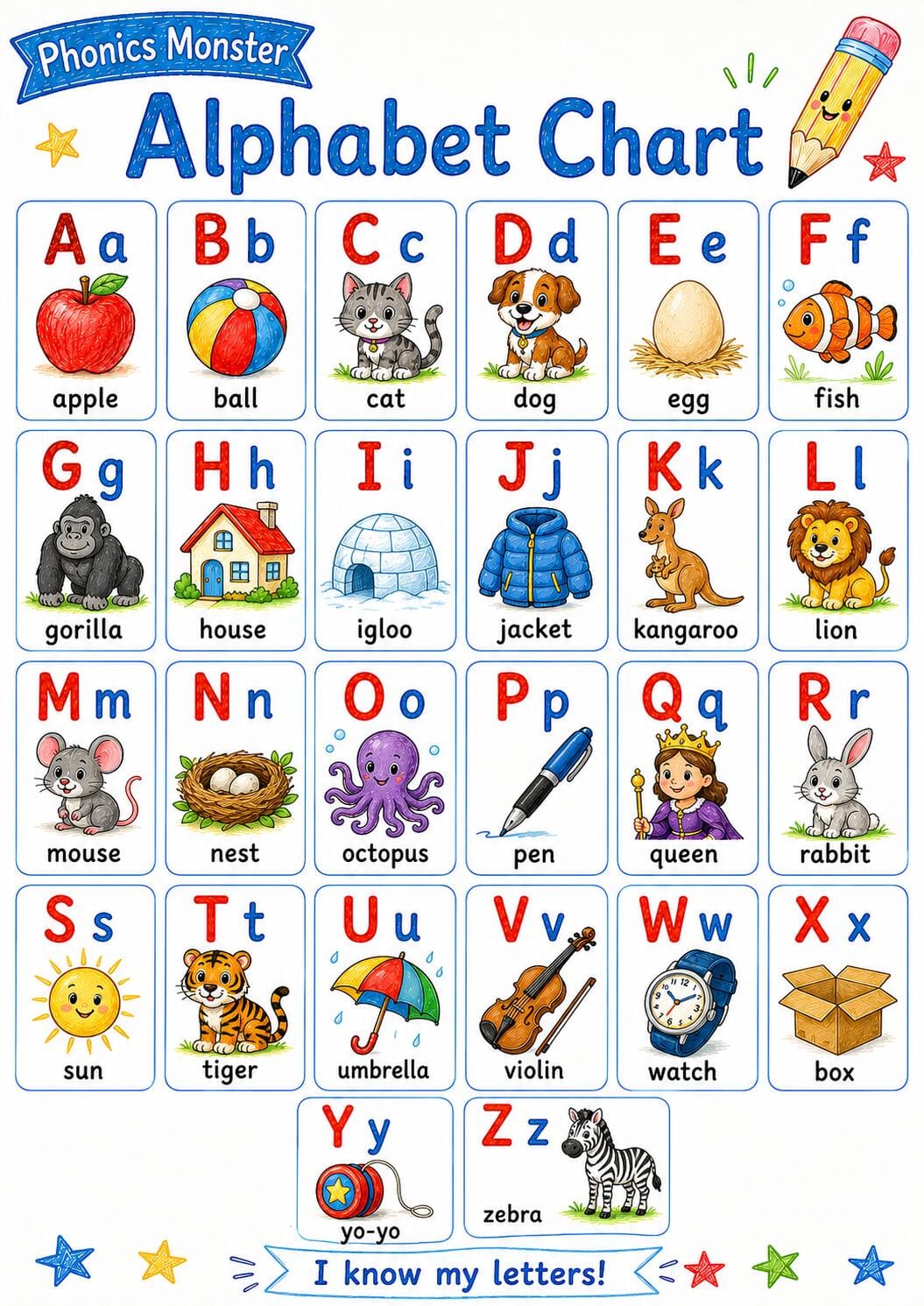 Preview image of Alphabet-Tabelle von A bis Z | Kinder-Wandposter zur Bildung & ABC-Lern-PDF zum Ausdrucken