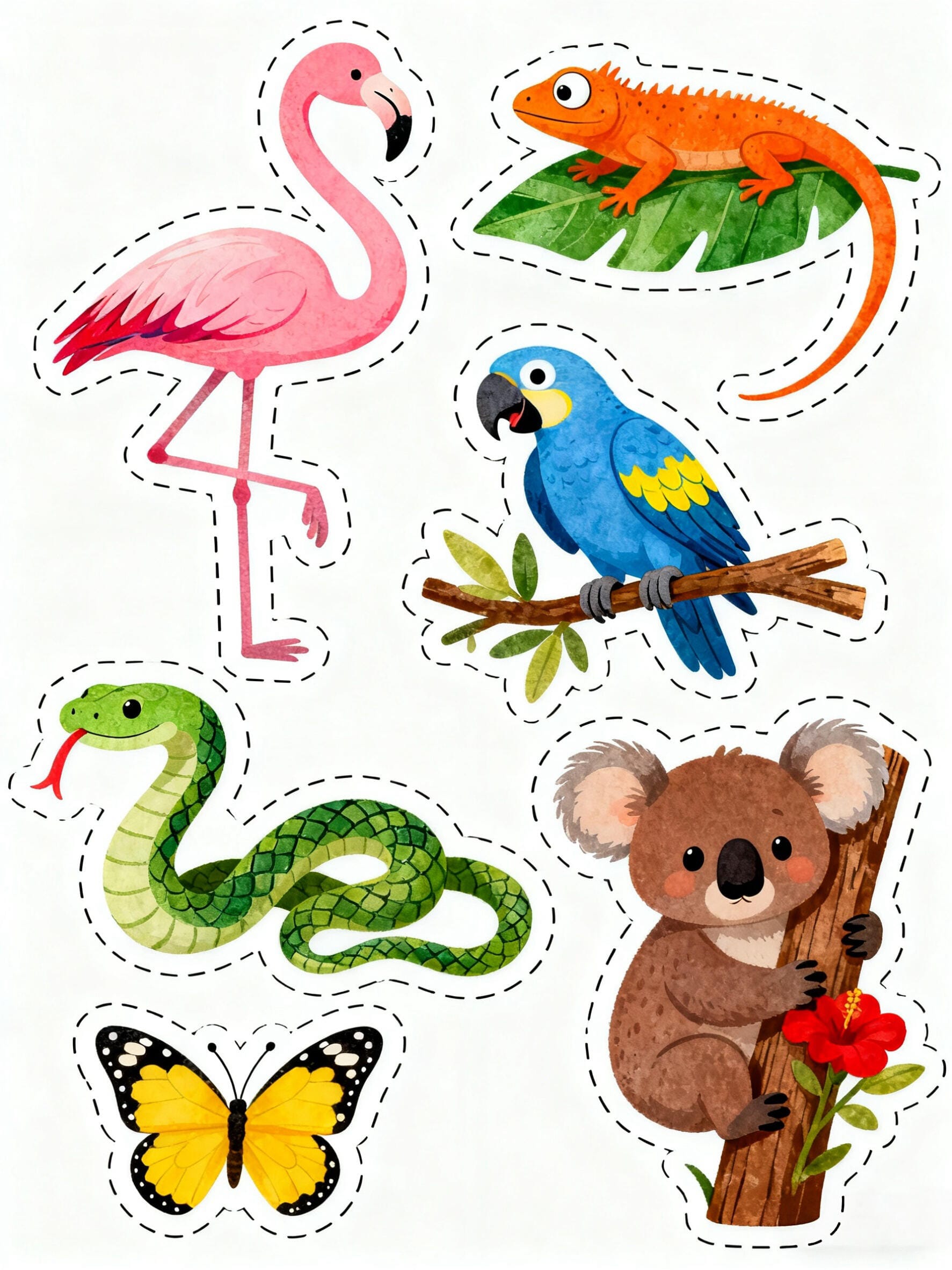 Preview image of Watercolor Jungle Animal Printable Stickers Set | Safari Wildlife, Cute Sloth & Parrot Digital Assets