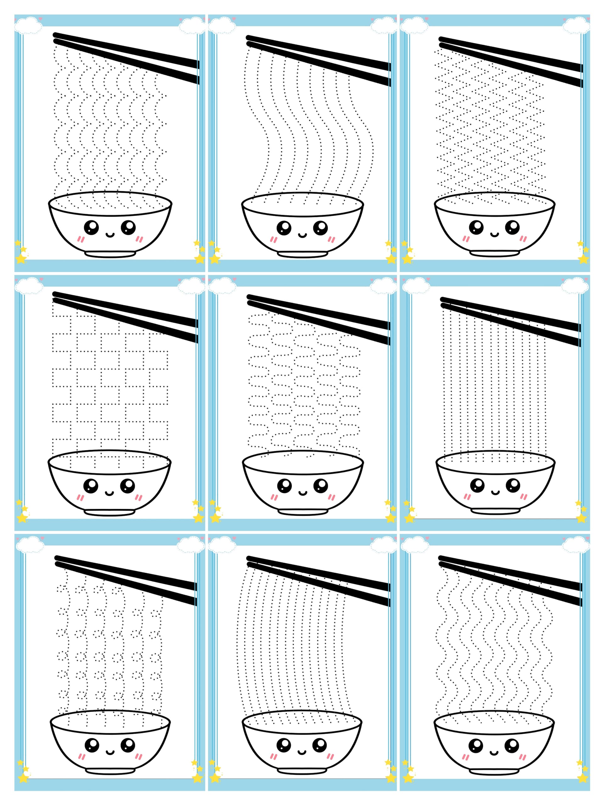 Preview image of Kawaii Noodle Line Tracing Worksheets | Pre-Writing & Fine Motor Skills PDF for Toddlers & Preschoolers (10 Pages)