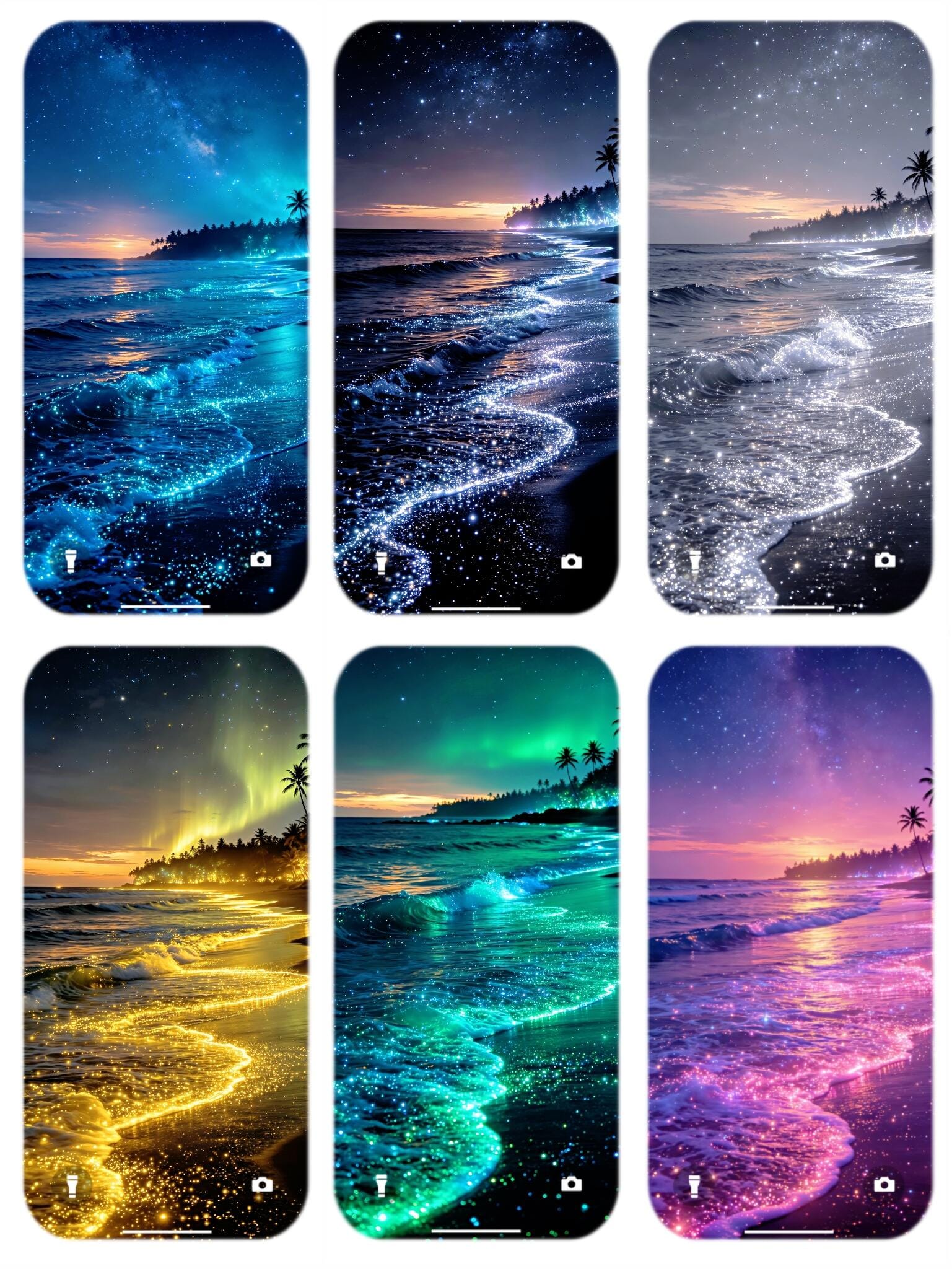 Preview image of Glowing Bioluminescent Beach Phone Wallpapers | Starlit Night & Magic Waves HD Backgrounds (6-Pack)