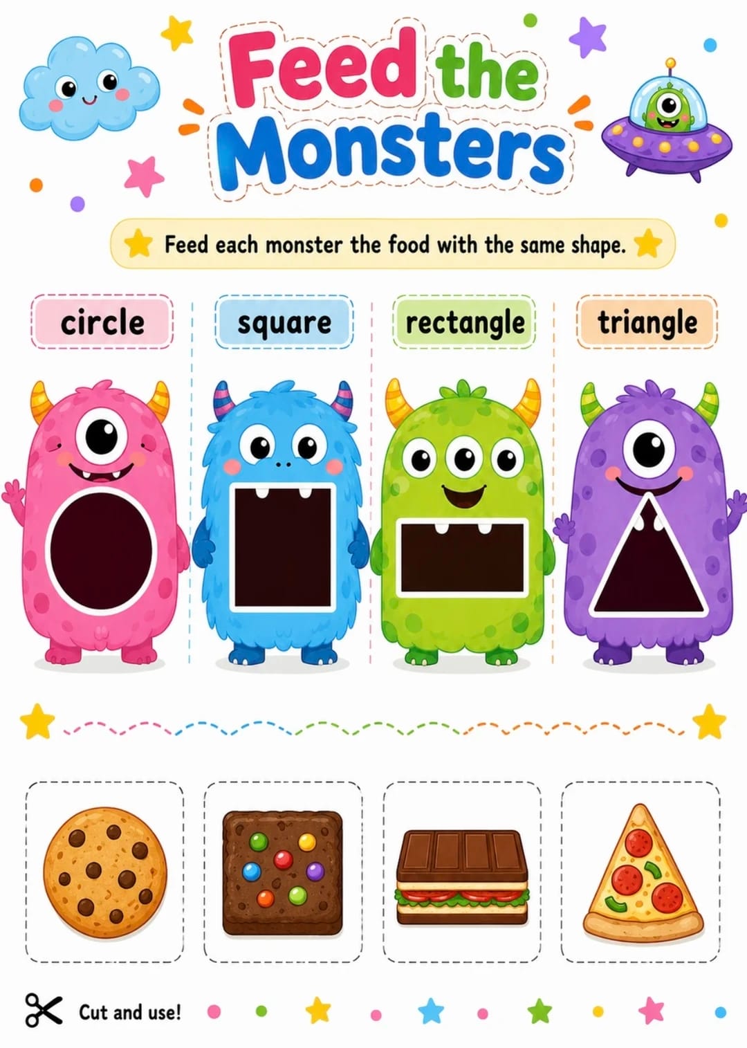 Preview image of Feed the Monsters Shape Matching Printable Activity Pack | Cut & Paste Busy Book Pages for Toddlers & Preschoolers (14 Pages PDF)