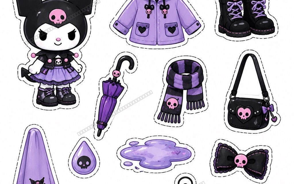 Санрио Kuromi — набор наклейек в эстетике и печатный набор | 10-страничных волшебных сцен, готический рок, почтовое отделение и роскошный сейф цифровая книга PDF