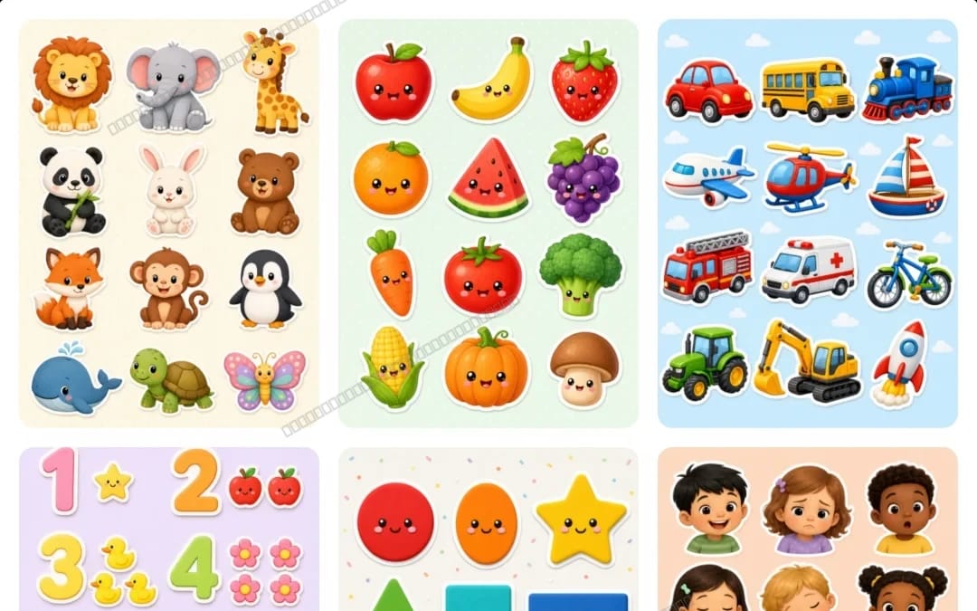 Kids Ultimate Learning Stickers Bundle | 10-Page Printable PDF (Animals, Fruits, Numbers, Shapes & More)