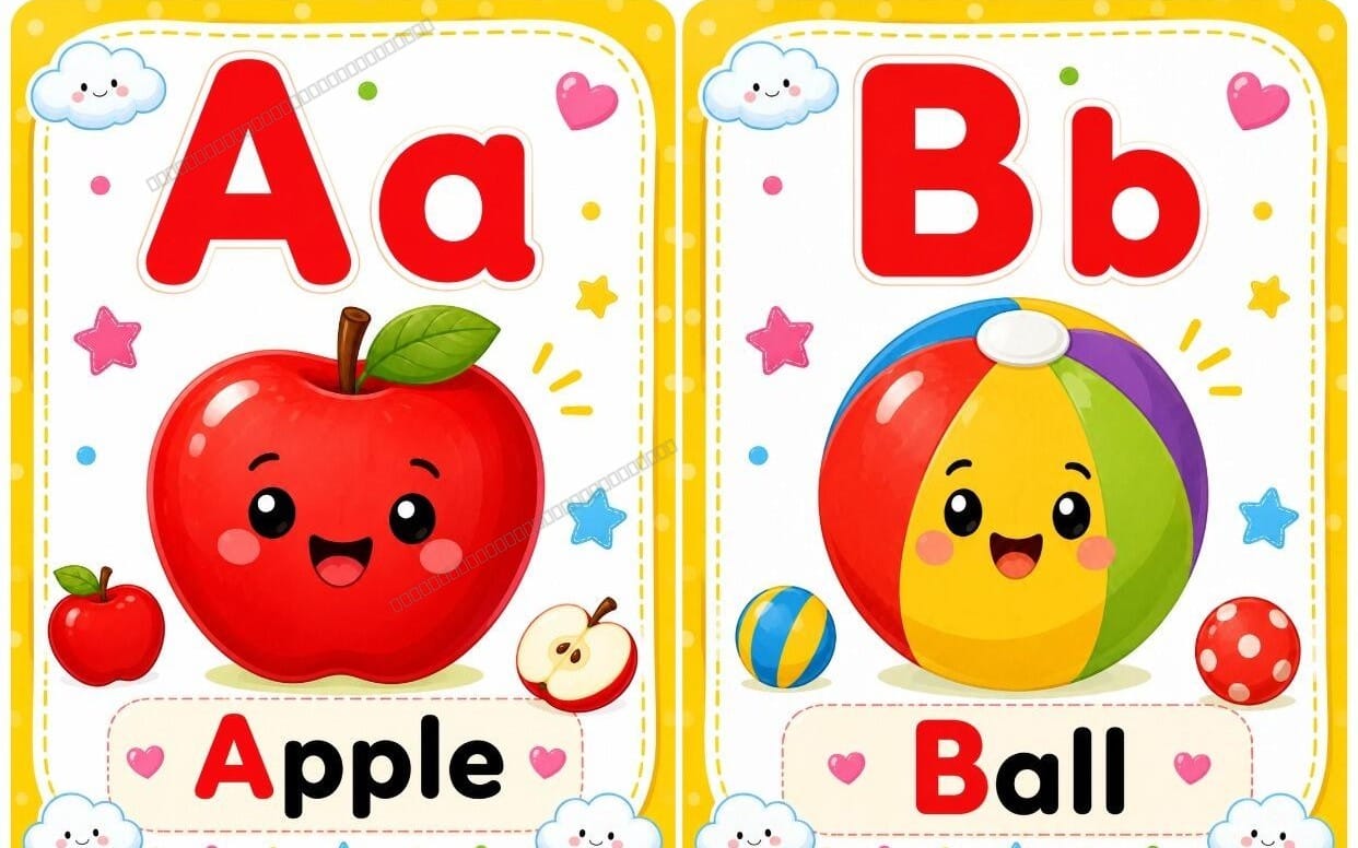 Cute Alphabet Flashcards A to Z | Printable Kids ABC Learning Cards & Kindergarten PDF