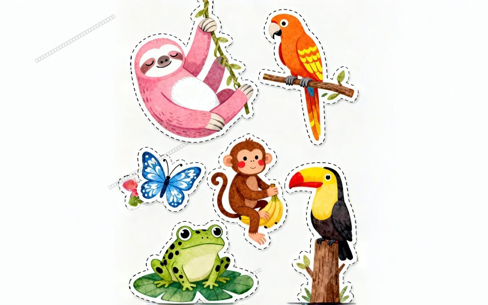 Watercolor Jungle Animal Printable Stickers Set | Safari Wildlife, Cute Sloth & Parrot Digital Assets