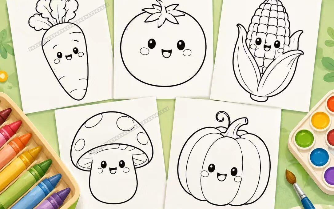 Cute Kawaii Vegetables Coloring Pages PDF | 9-Page Printable Coloring Book with Carrot, Tomato, Mushroom & Pumpkin for Toddlers