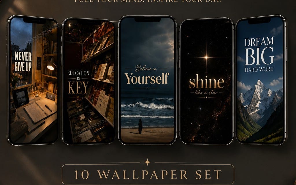 Ten aesthetic motivational phone wallpaper designs with inspiring quotes in dark theme style set