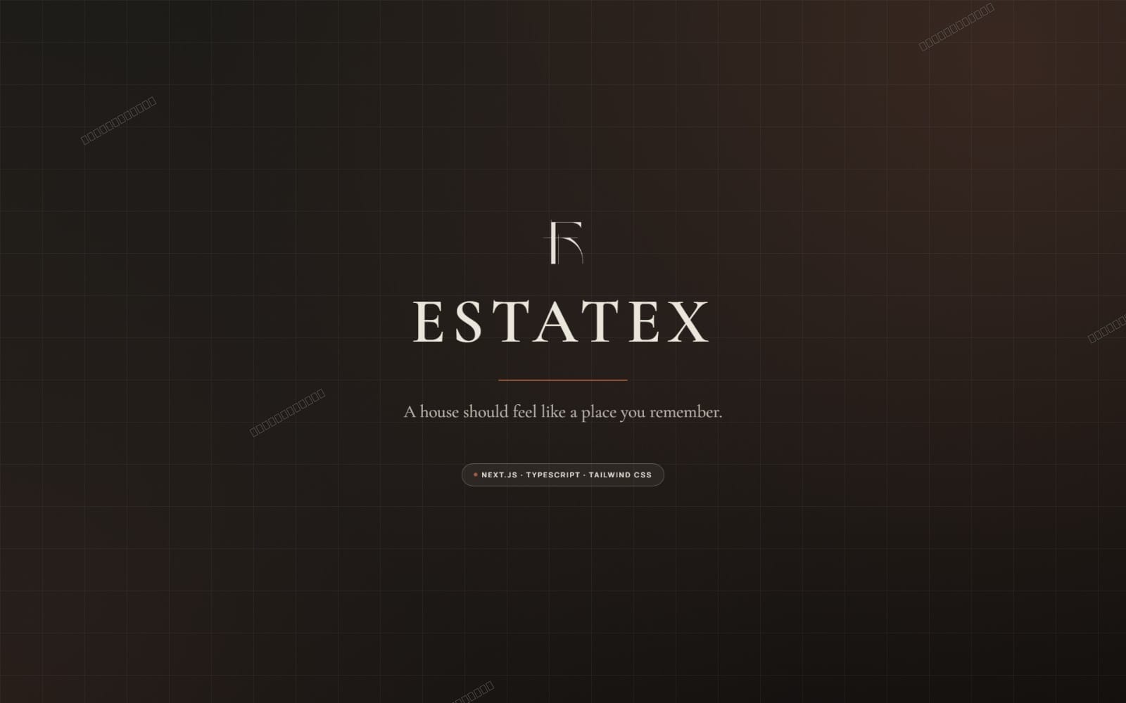 ESTATEX luxury real estate template landing screen with dark grid background and centered logo text
