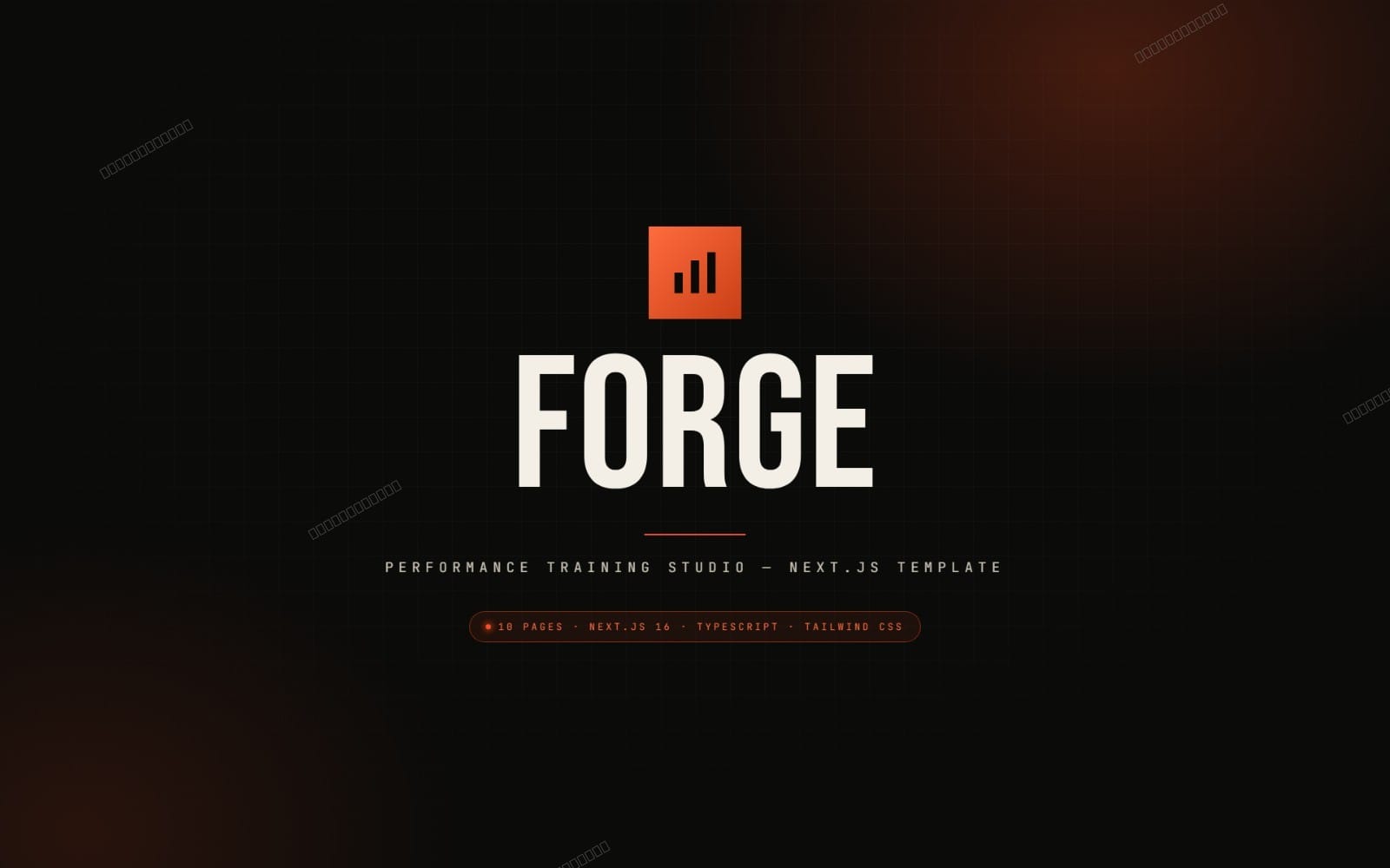 Forge performance training studio Next.js template landing screen with orange bar chart logo and tech text