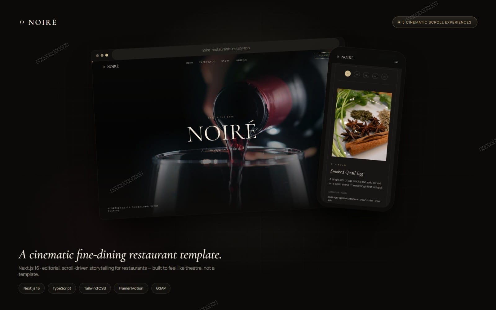 NOIRÉ editorial fine-dining restaurant website template preview with dark cinematic layout on laptop and phone screens