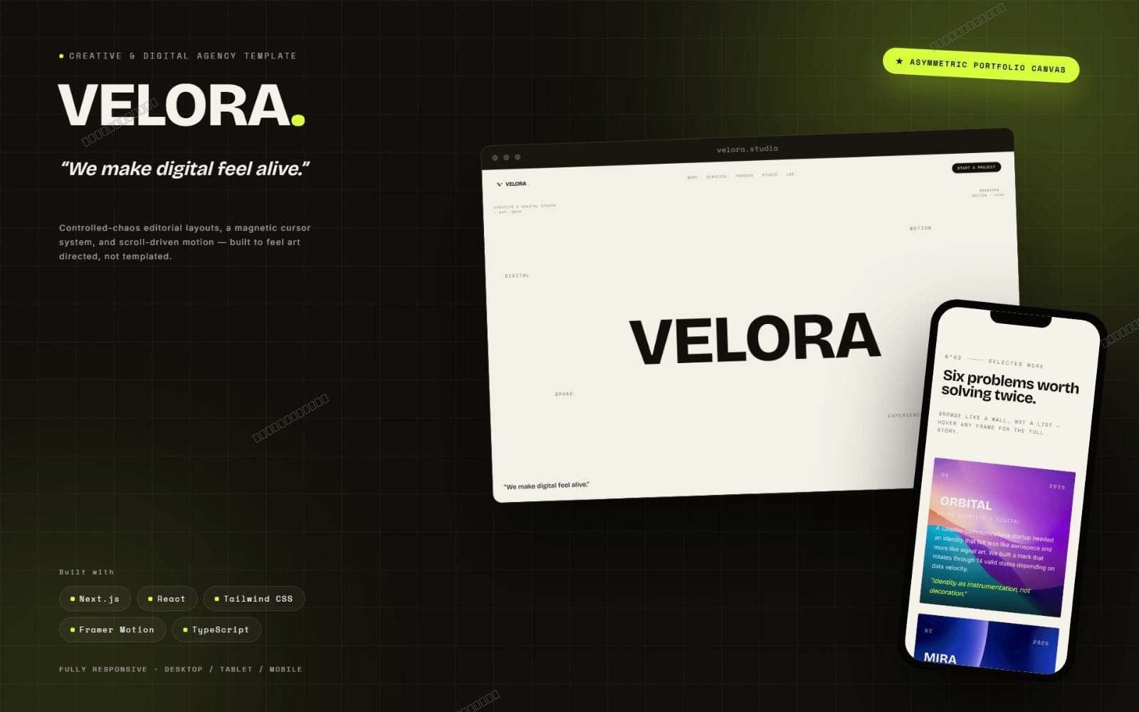 Creative agency and portfolio template cover mockups with VELORA logo on desktop and phone screens