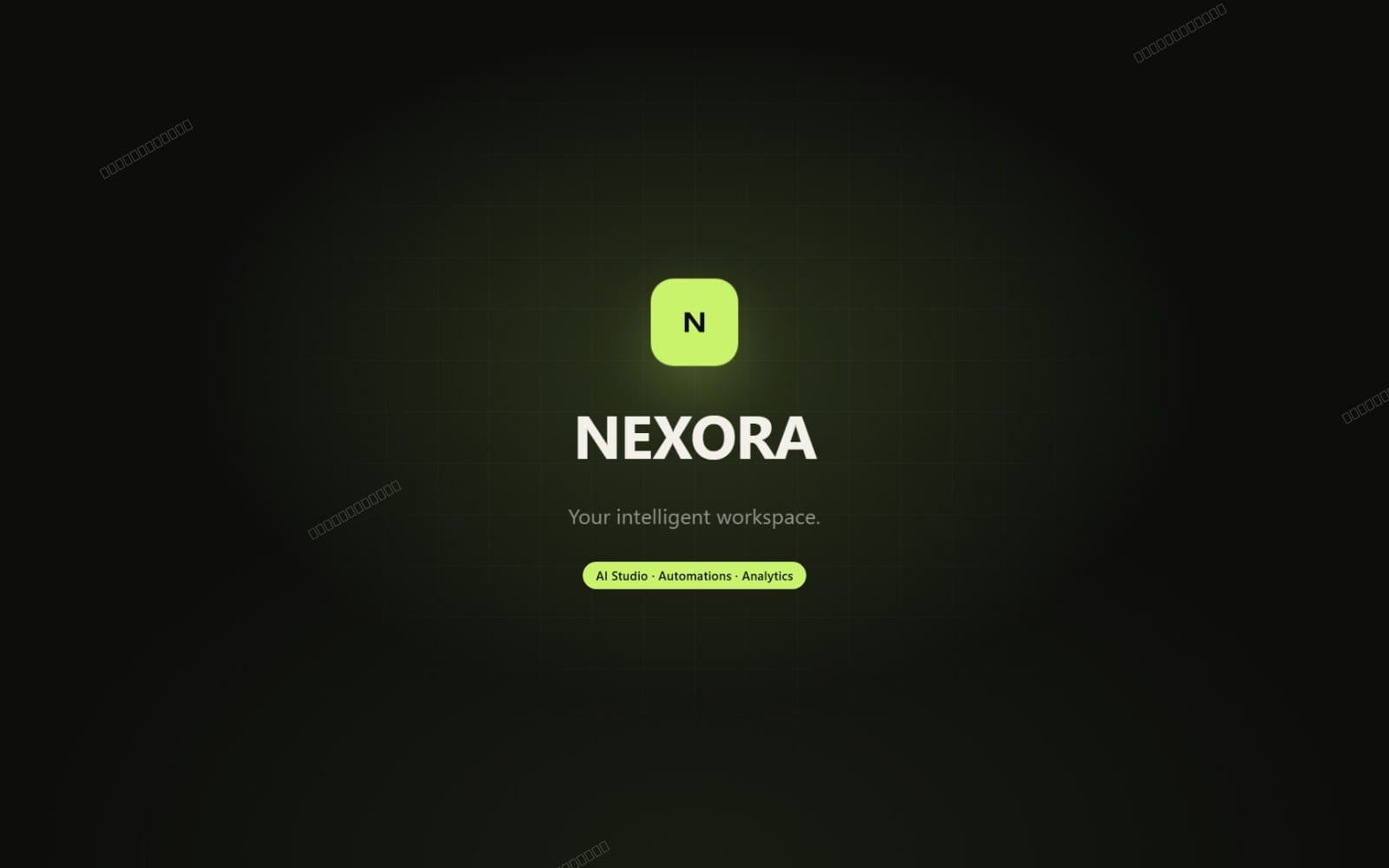 NEXORA AI SaaS dashboard template landing screen with logo, neon green badge, and category tags on dark grid background