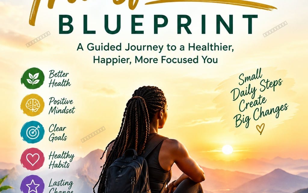 Fitness and wellness eBook cover titled Blue Print with sunrise landscape and woman with backpack for a 30-day