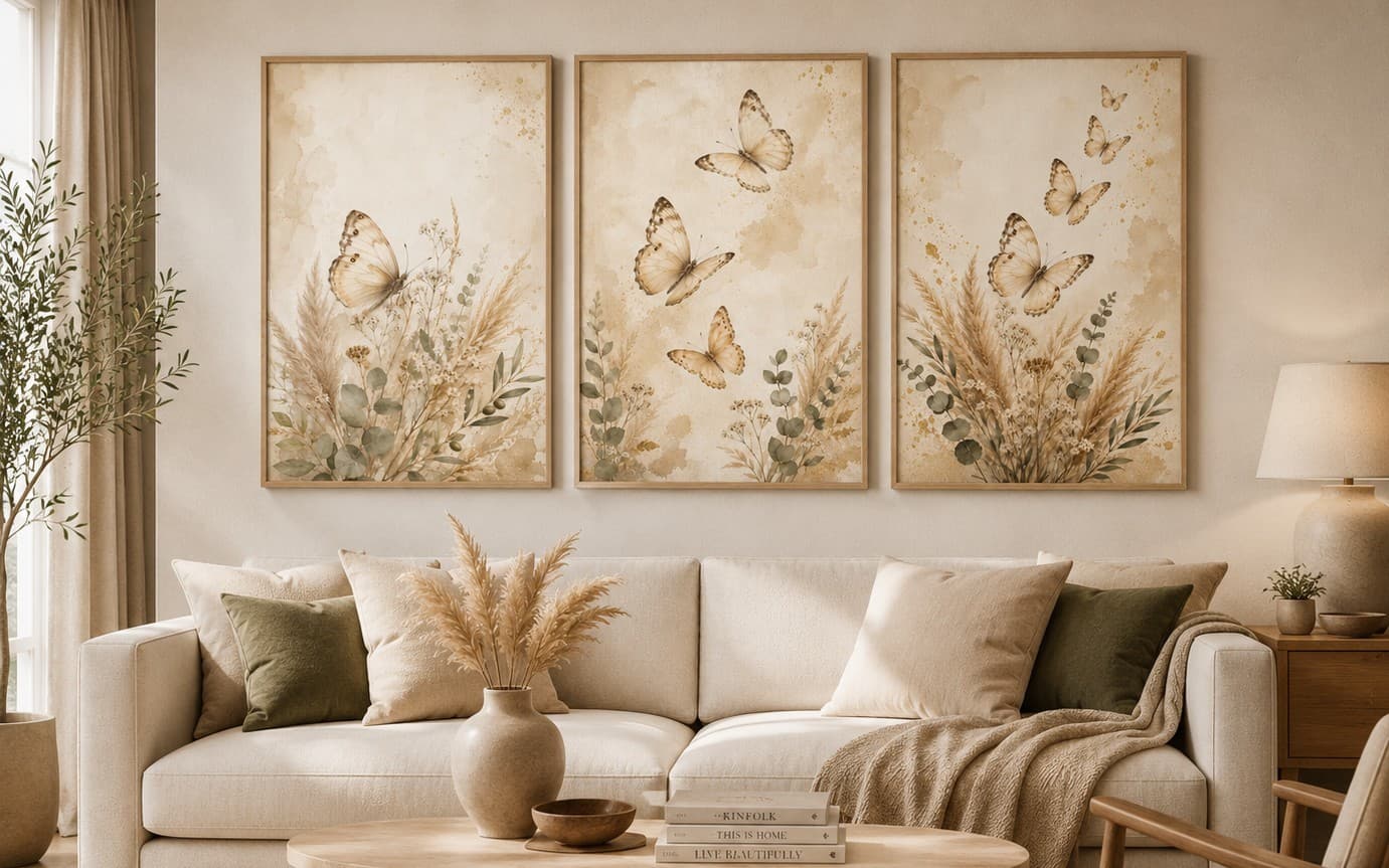 Botanical Butterfly Collection | Set of 3 Printable Wall Art | Neutral Watercolor Butterfly Prints | Beige Botanical Decor | Scandinavian Digital Download