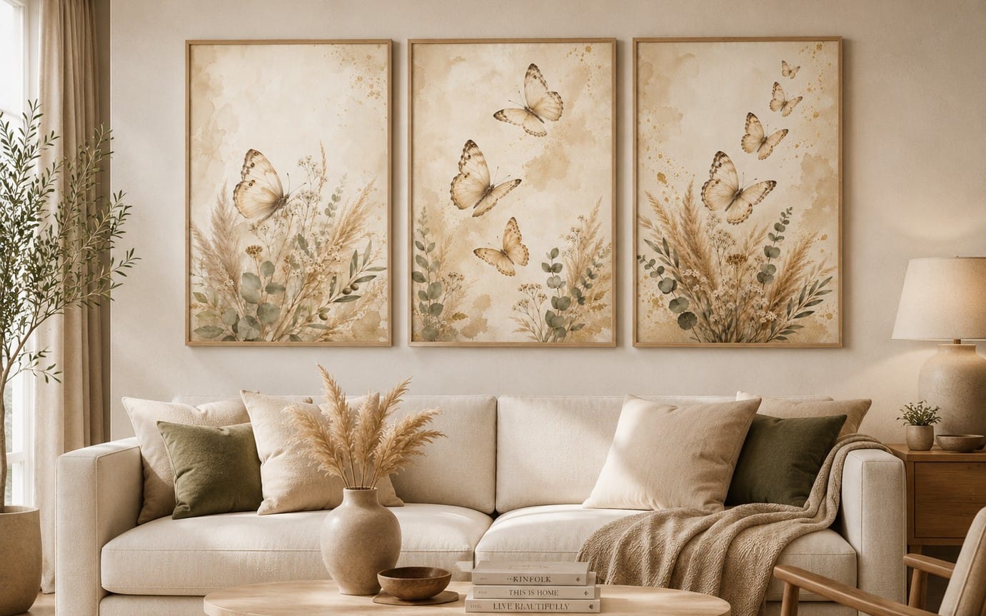 Botanical Butterfly Collection | Set of 3 Printable Wall Art | Neutral Watercolor Butterfly Prints | Beige Botanical Decor | Scandinavian Digital Download