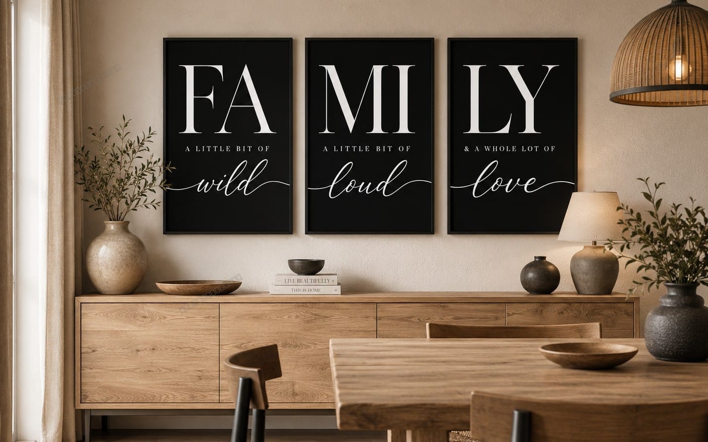 Family Typography Wall Art Set of 3 Printable | FA MI LY Black & White Quote Prints | Modern Minimalist Home Decor | Digital Download | Scandinavian Wall Art