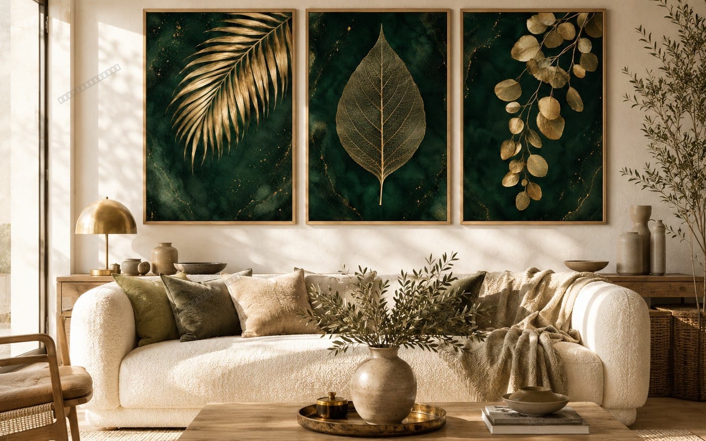 Midnight Botanical Collection | Set of 3 Printable Botanical Wall Art | Emerald Green & Gold Leaf Prints | Luxury Scandinavian Home Decor | Digital Download
