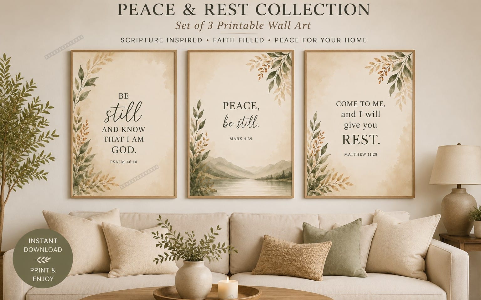 Set of three printable wall art posters with scripture quotes and botanical peace-themed designs displayed above a sofa