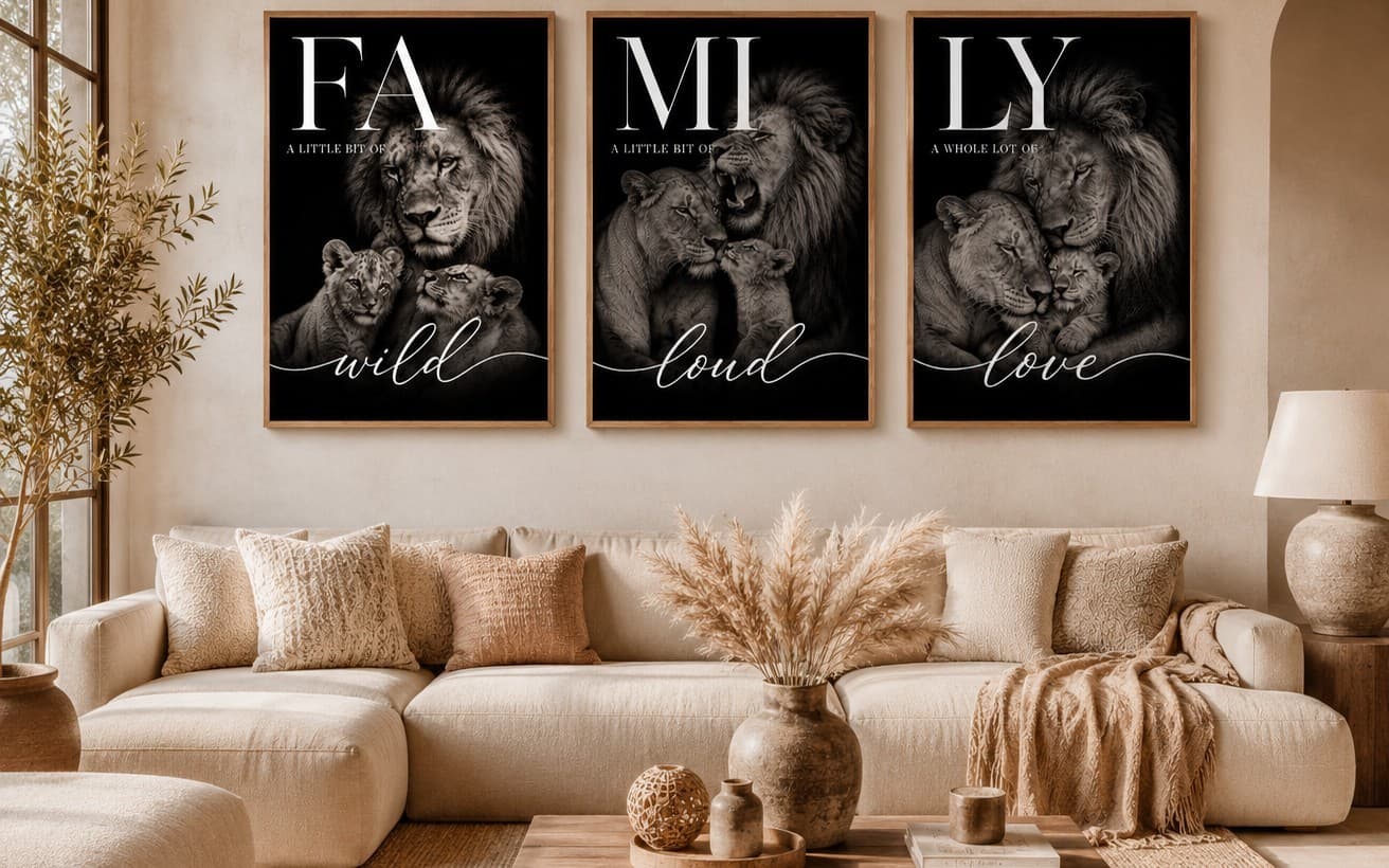 Lion Family Wall Art Set of 3 Printable | FA MI LY Nursery Decor | Modern Black & White Lion Prints | Digital Download | Family Home Decor | Scandinavian Wall Art