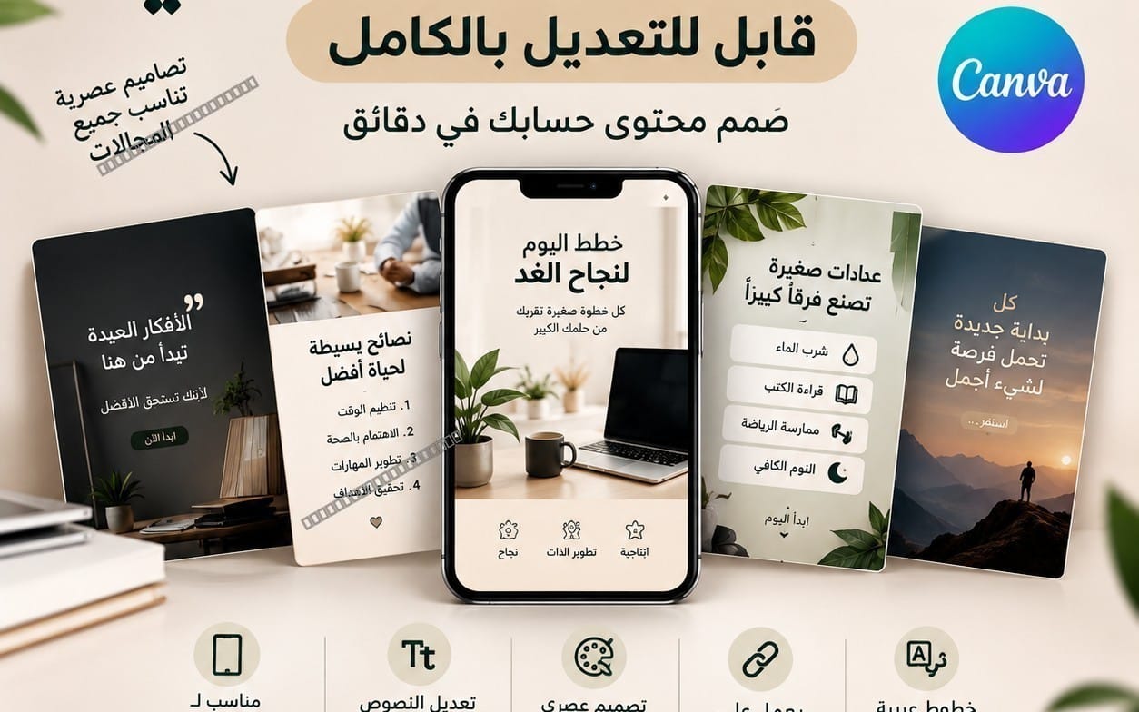 تصميم واجهة Canva بالعربية لباقة 20 قالب سوشيال ميديا قابلة للتعديل بالكامل تظهر على شاشة هاتف وبطاقات