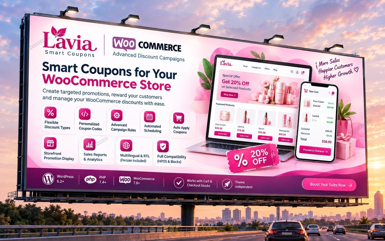 Billboard-style graphic for Lavia Smart Coupons WooCommerce discount campaign plugin with app mockups and 20% off promo