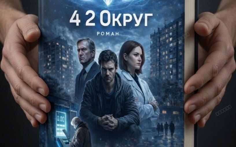 Hands holding a book cover for 42 Округ Роман by Роман Безликий, featuring a blue city night crime thriller scene