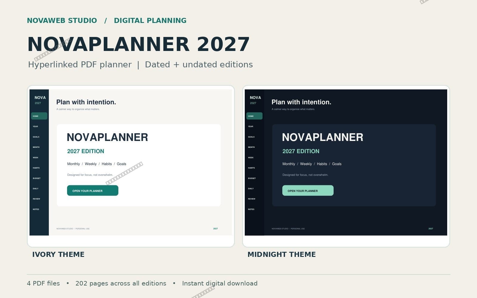 NovaPlanner 2027 hyperlinked digital PDF planner preview with light and midnight theme screenshots