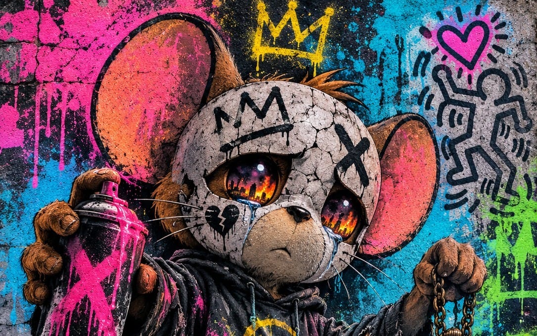 "Nostalgic Graffiti Mouse – Cracked Mask Urban Art"