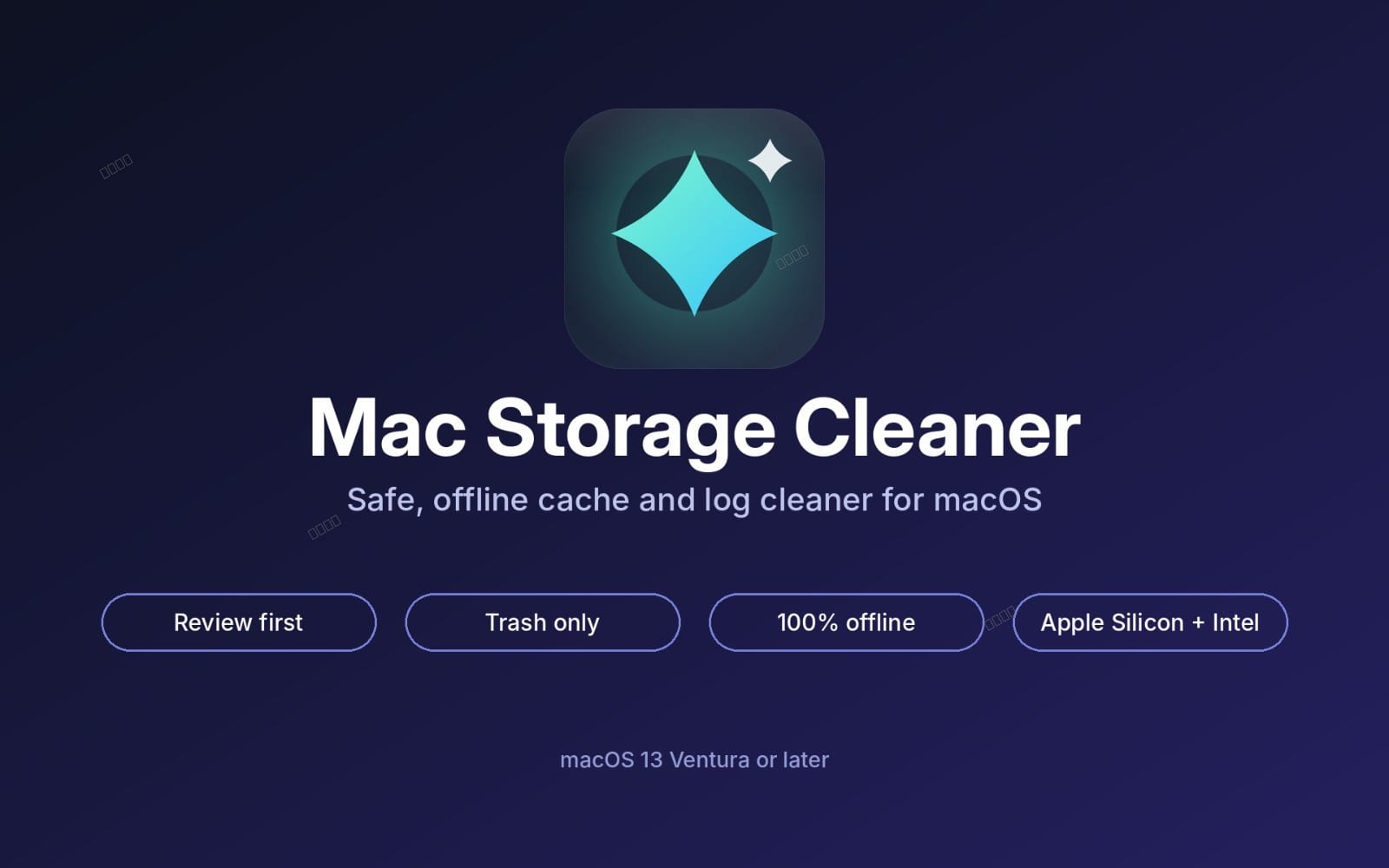 Mac Storage Cleaner app promo with turquoise shield icon and buttons for cache log cleanup