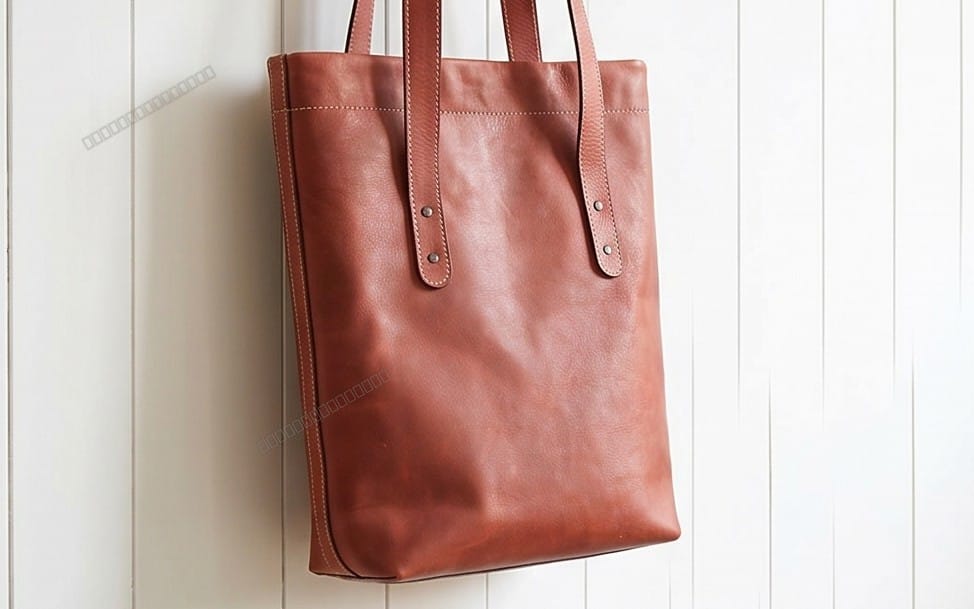 Brown leather tote bag pattern PDF, showing a finished bag with stitched handles and riveted straps