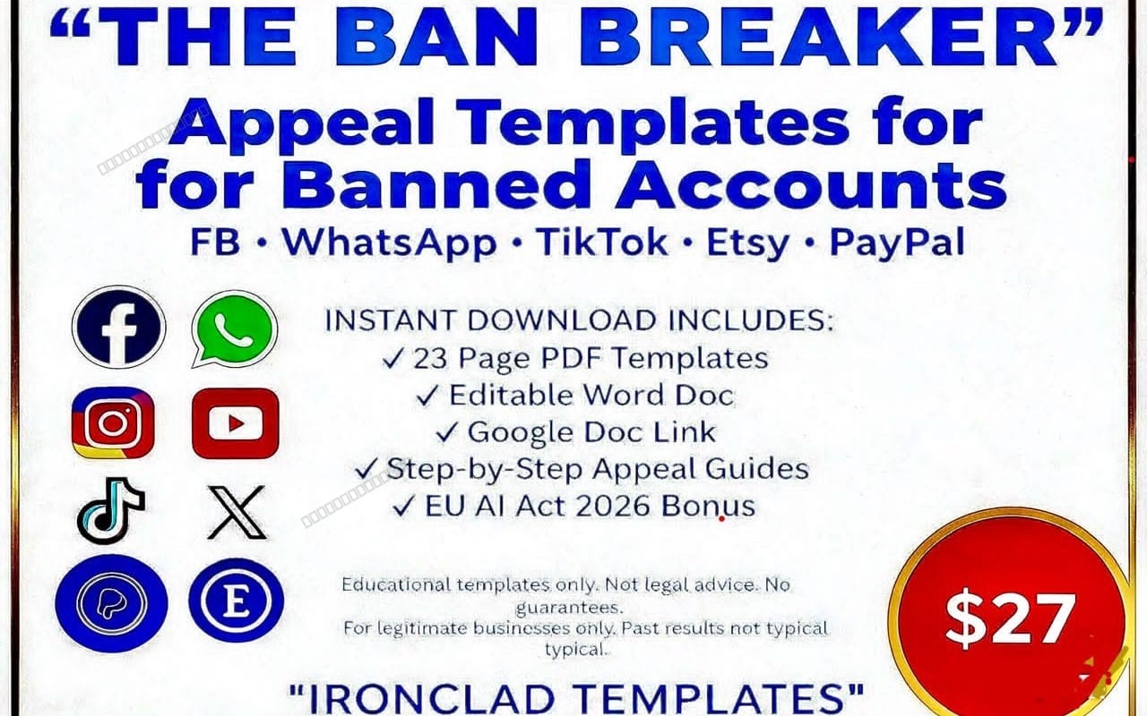 Promotional banner for The Ban Breaker account appeal templates with social icons and $27 price badge
