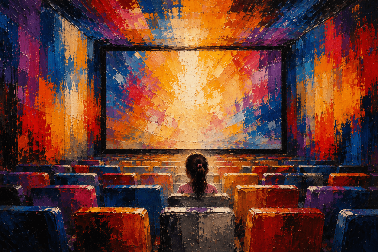 Preview image of Kind beim Betrachten einer abstrakten, farbenfrohen Kinoleinwand