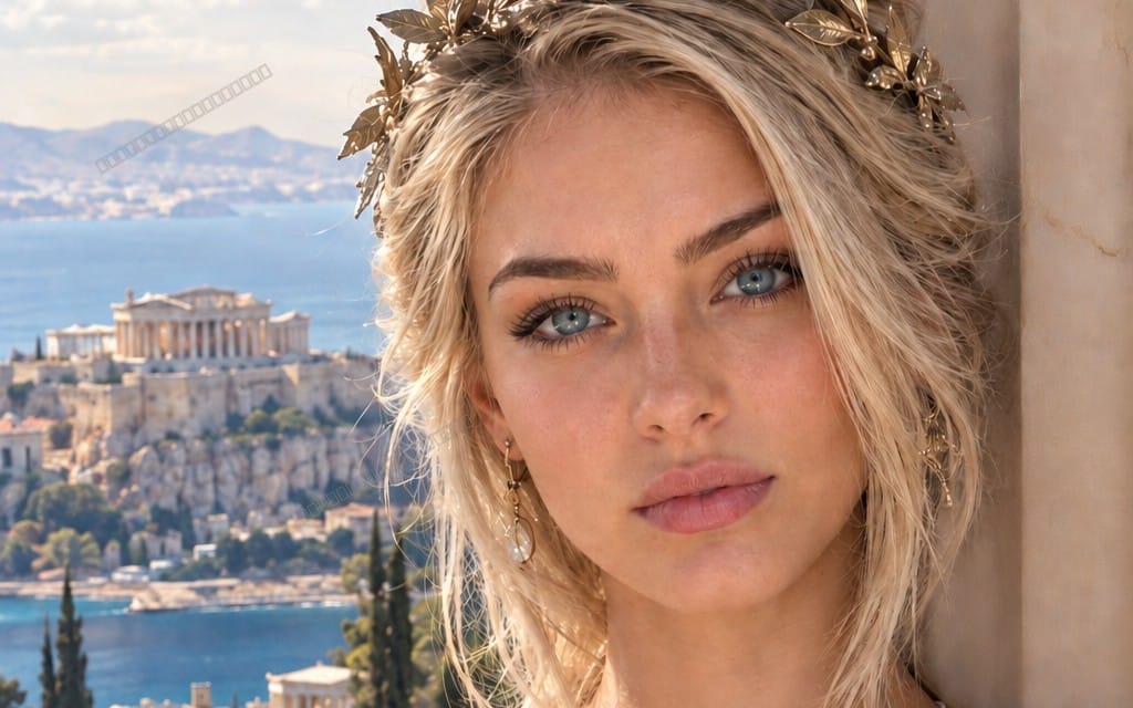 Close-up portrait digital art of a blonde woman with crown-like accessories overlooking a seaside city and mountains