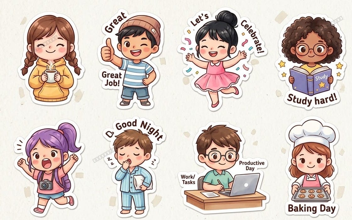 Cute daily cartoon character sticker set with motivational phrases and icons on a light background