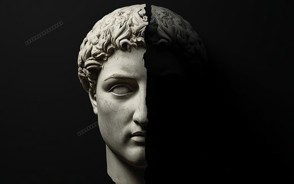 نموذج تمثال رخام لنصف وجه رجل كلاسيكي تنبثق من الخلفية السوداء كتصميم رقمي للعبة