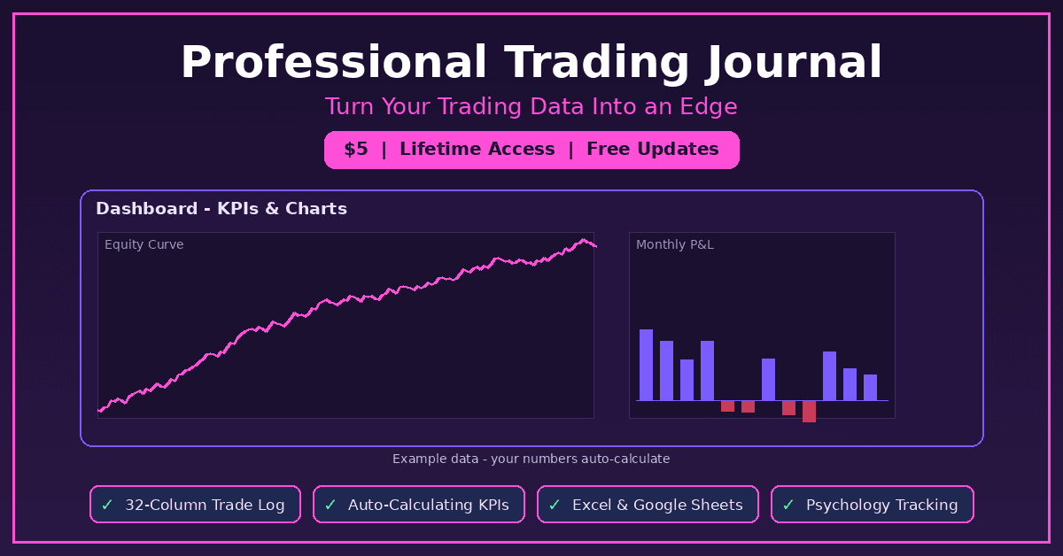 Professional trading journal template marketing graphic with Excel dashboard charts and KPI bullets for forex stocks