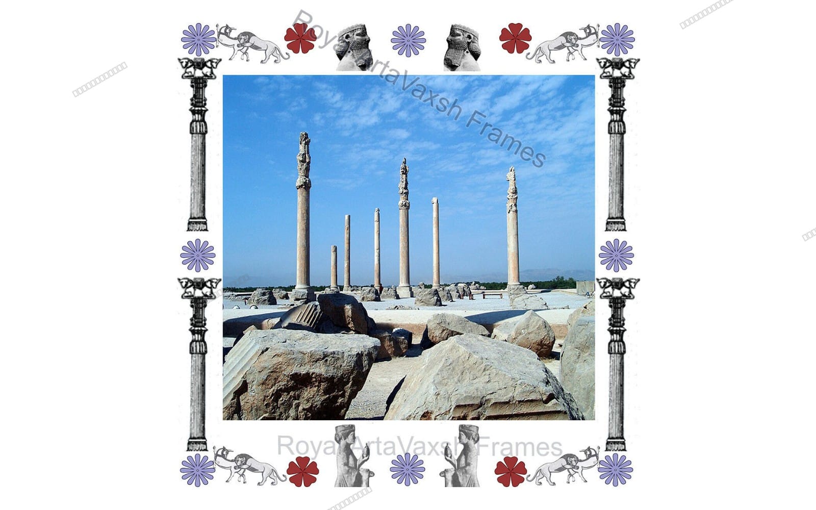 Vintage decorative frame template with royal column borders and a stone ruins landscape background