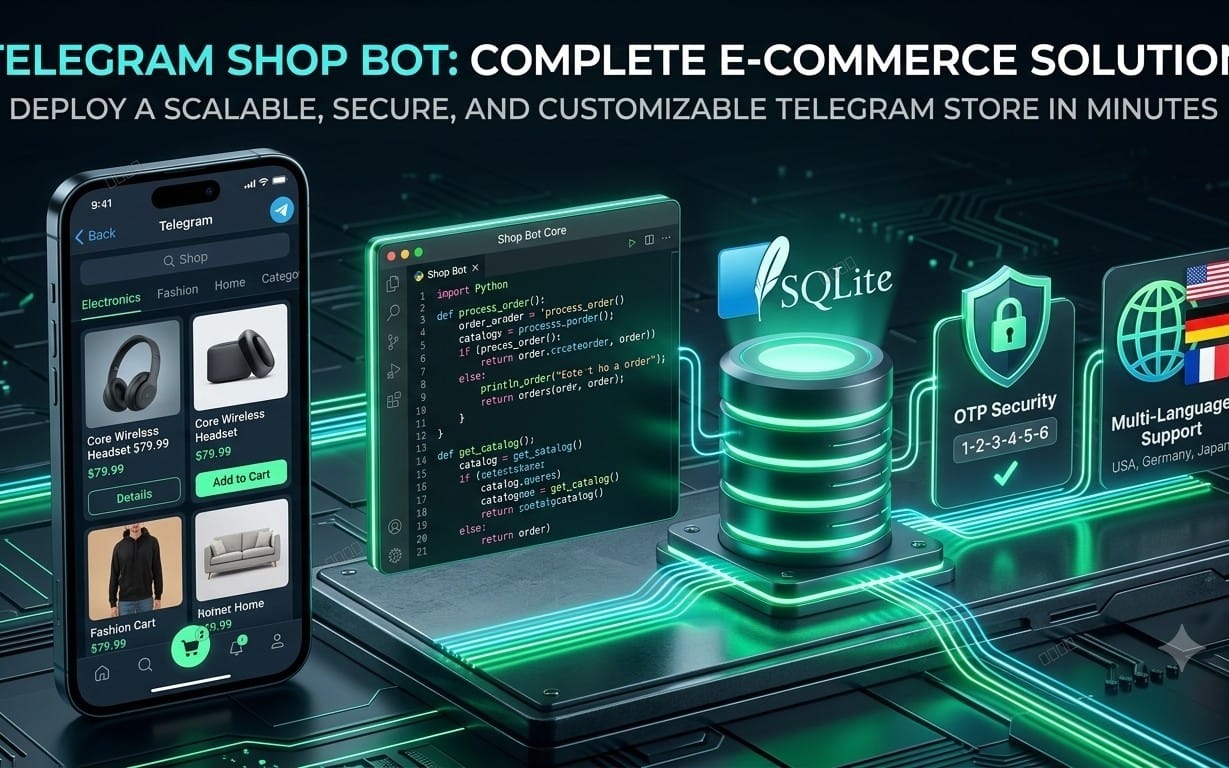 Telegram shop bot interface concept with Python code and SQLite database security icons on a laptop screen