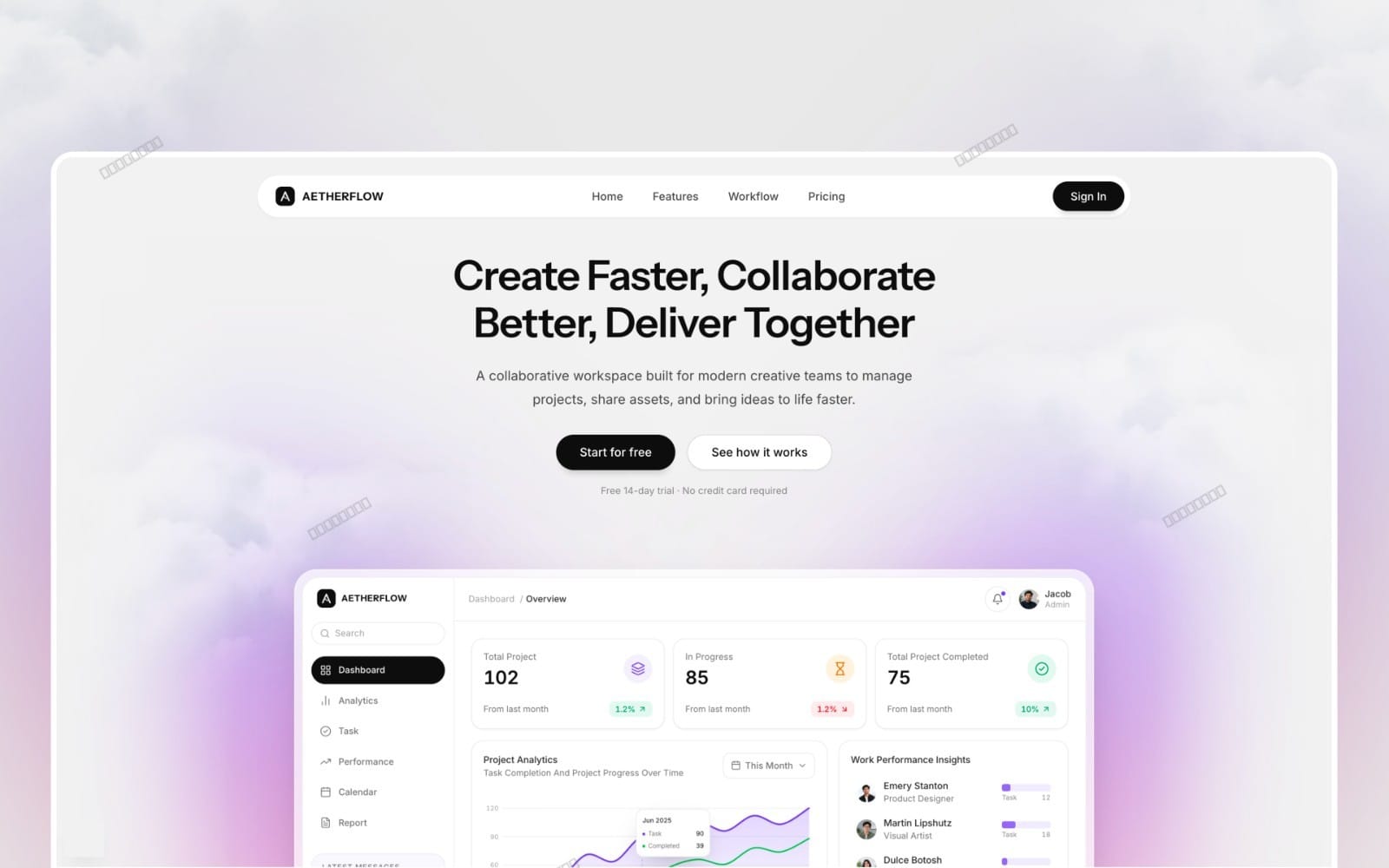 AetherFlow SaaS landing page template preview with hero section, navigation, and dashboard mockup