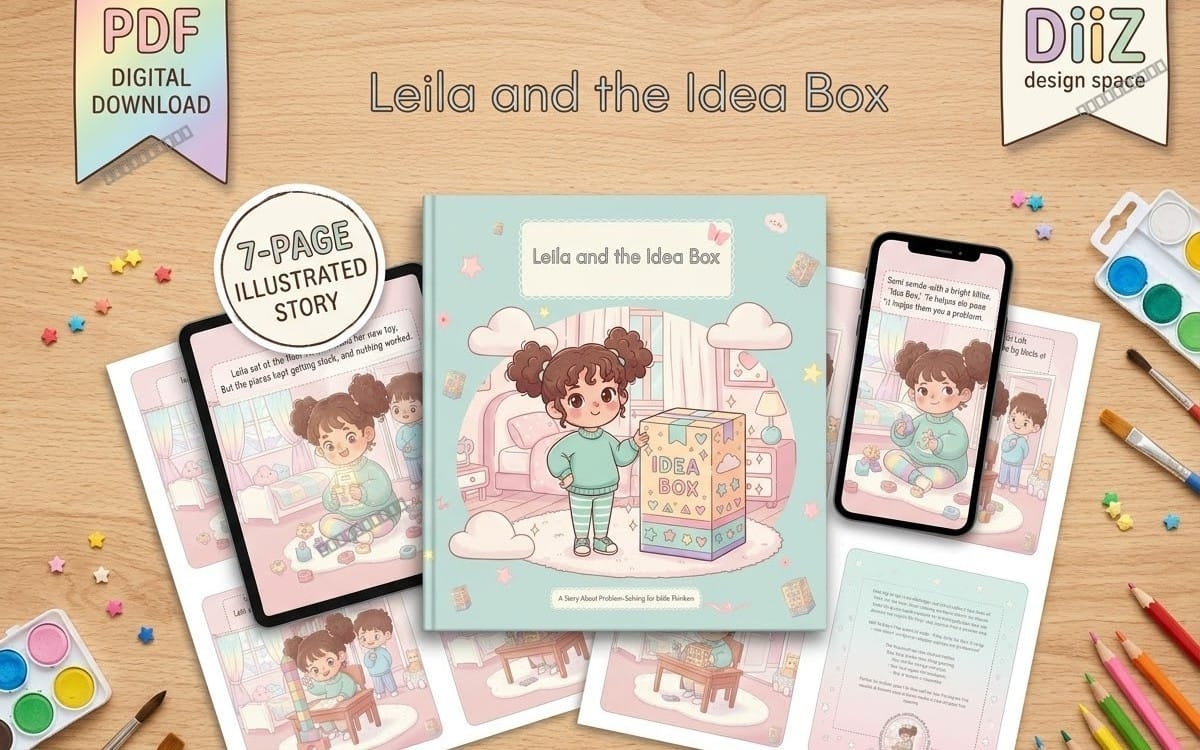 Leila and the Idea Box illustrated kids storybook PDF cover displayed with printed pages, phone mockup, and colorful